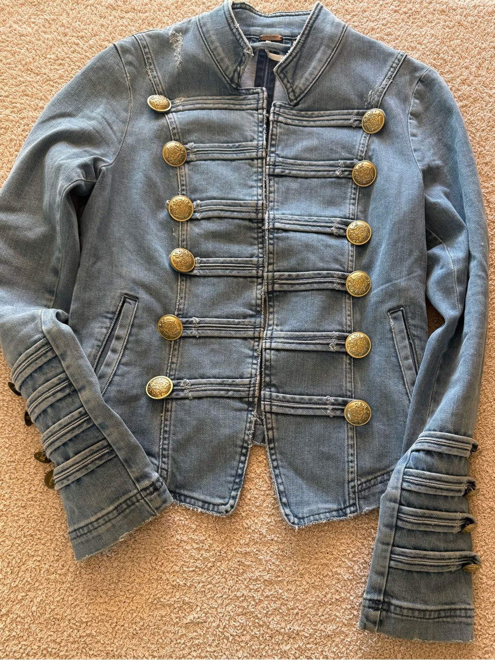 🪙 Free People Distressed Military Denim Moto Jacket Sz S Blue 🪙